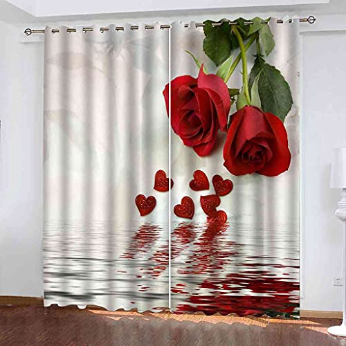 Paire de rideaux occultants 3D en forme de cœur avec œillets - Isolation thermique et acoustique - Pour salon - Impression numérique - 132 x 214 cm - Rouge