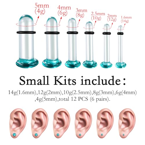 12Pcs/10Pcs/6Pcs Single Flare Glass Stretching kits Short Taper Expander with Rubber O-Rings,1.6-12mm(14G-00G) Full Size Ear Gauges Tunnels Plugs,6 colors Cylindrical Body Piercing2