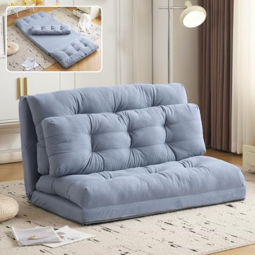 Kelfluxionソファ ソファーベッド レザー皮革/ワッフル織生地 幅108cm シングル 折りたたみ ソファベッド リクライニング 座椅子 2人掛け ローソファー 一人用 ベッド 極厚クッション ワンルーム マルチに使え (ブルー+コットン)