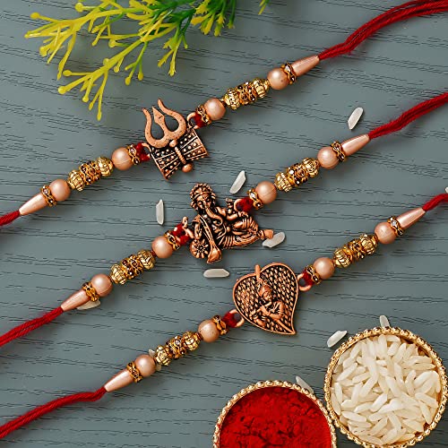 Image of eCraftIndia Set of 3 Designer Rakhis for Brother with Cute Brother-Sister Showpiece, Best Bro Ever Fridge Magnet & Roli Chawal Pack | Ganesha, Radha Krishna & Trishul Rakhi | Raksha Bandhan Gift