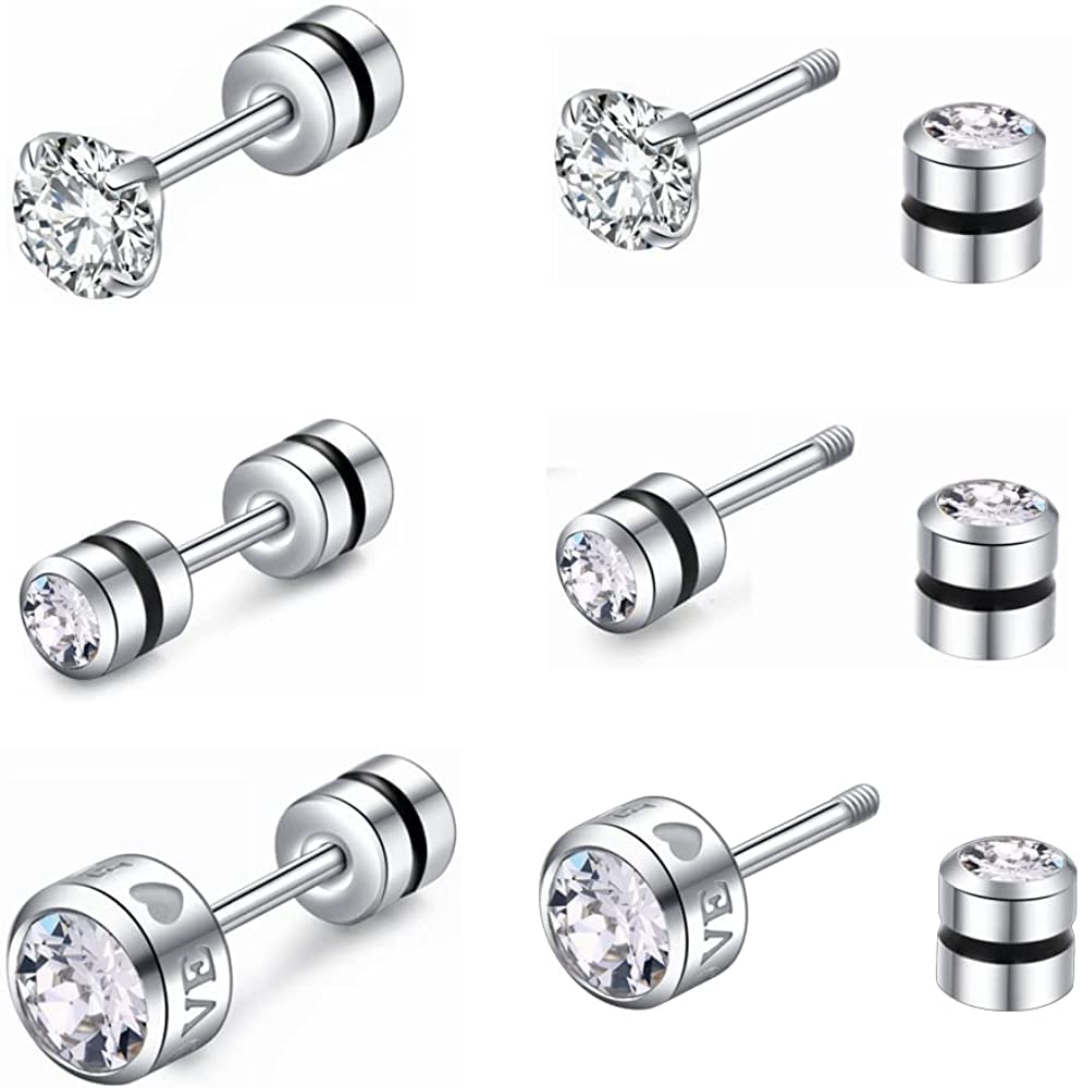 Hopply3 Pairs Hypoallergenic Titanium Screw Back Earrings Cubic Zirconia Studs for Women Men,20G 20G Helix Piercing Post Surgical Stainless Steel Cartilage Earrings for Sensitive Ears