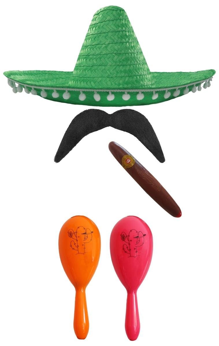 Mexican Fancy Dress Accessory Set. Mexican Sombrero + Maracas + Tash. Perfect for Mexican Fancy Dress Costumes Senorita Bandit Mariachi (Green Pom Pom Sombrero + Orange and Pink Maracas)