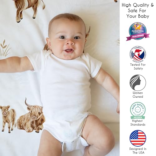 Image of Sweet Jojo Designs Baby Play Mat (Boho Highland Cow) for Girls /Boys, Infant, Toddler Padded Floor Mat, Tummy Time Activity, Newborn Essentials Round Playmat for Babies (Farm Animal, Rustic Farmhouse)