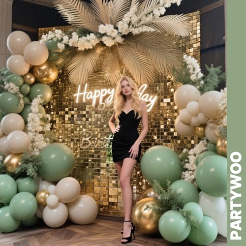 Image of PartyWoo Sage Green Balloons 65pcs 12 Inch Metallic Gold Sand White Light Brown Gold Confetti Balloons for Baby Shower Wedding Engagement Jungle Woodland Forest Birthday Party Decorations