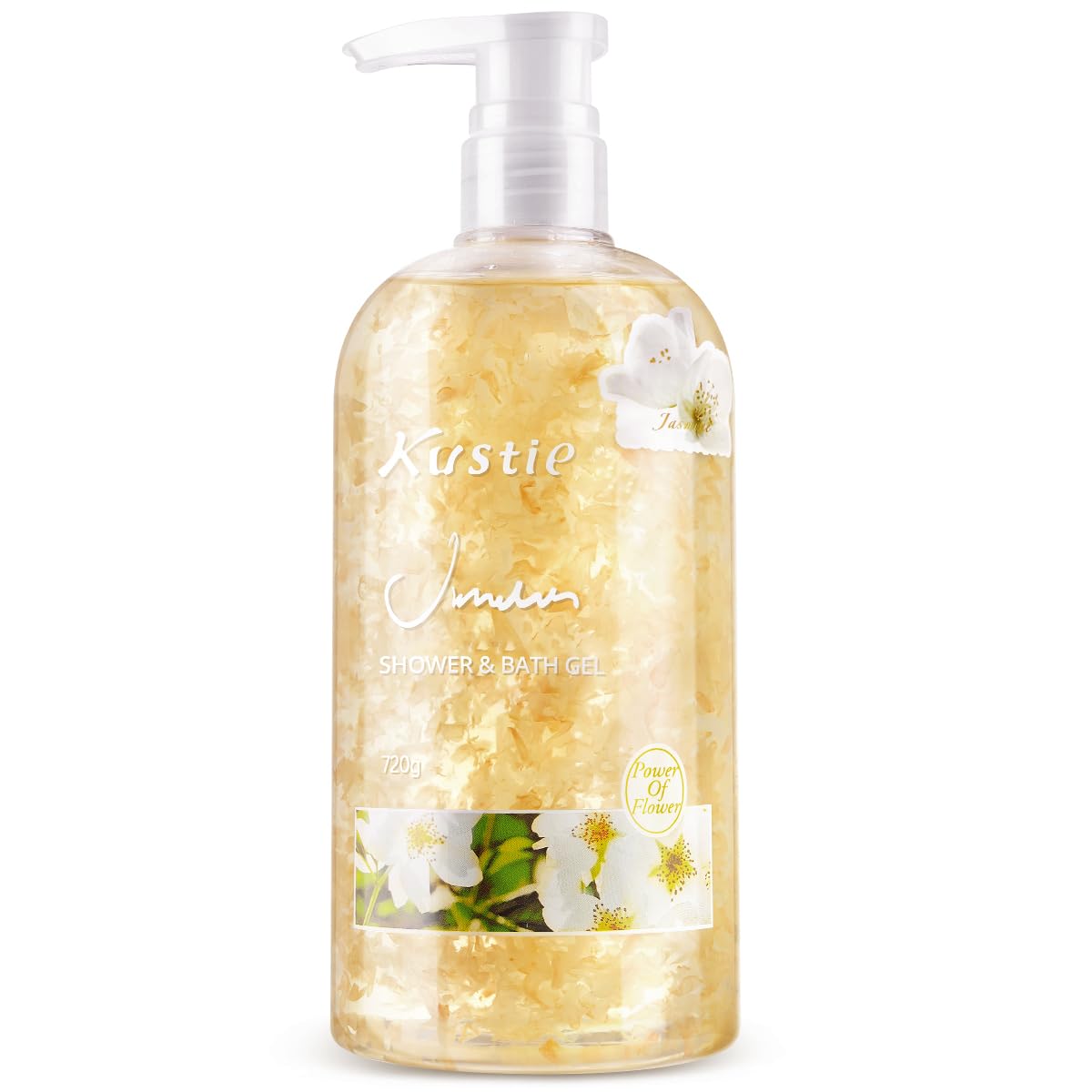 Kustie Jasmine Body Wash with Real Flower Petals Hydrating Shower Gel with Hyaluronic Acid Niacinamide Squalane Moisturizing Floral