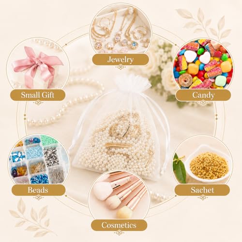 Image of ANZNKU 50 Pack Organza Bags 5 x 7 in White Small Mesh Gift Bags Bulk Drawstring for Wedding Party Favors, Little Goodie Bag for Candy Jewelry Soap Makeup, Treat Sachet Pouch for Baby Shower Graduation