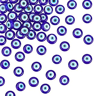 NBEADS 1 Strand (about 51 Pcs) Blue Flat Round Handmade Evil Eye Lampwork Beads Charms Spacer Beads Fit Bracelets Necklace Jewelry Making