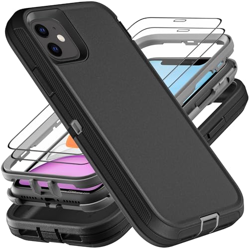 YKHJKLEC for iphone 11 Case, Military Grade 3 in 1 Heavy Duty Shockproof/Drop Proof/Dust Proof Case with 2Pcs Tempered Glass Screen Protector (Black/Grey)