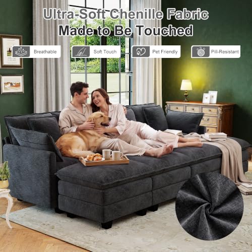 Image of 107 inch Cloud Couch Sectional Modular Sofa, Deep Seat Couches with Ottoman and Removable Washable Pillows for Living Room, Bedroom, Apartment, Black