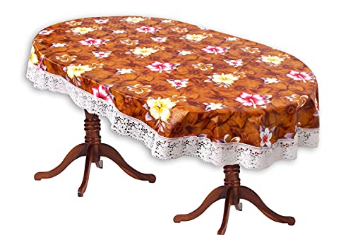 Image of The Furnishing Tree Waterproof PVC Oval Shaped 10 Seater Table Cover WxL 60x120 inches Floral Pattern Orange with White Border lace