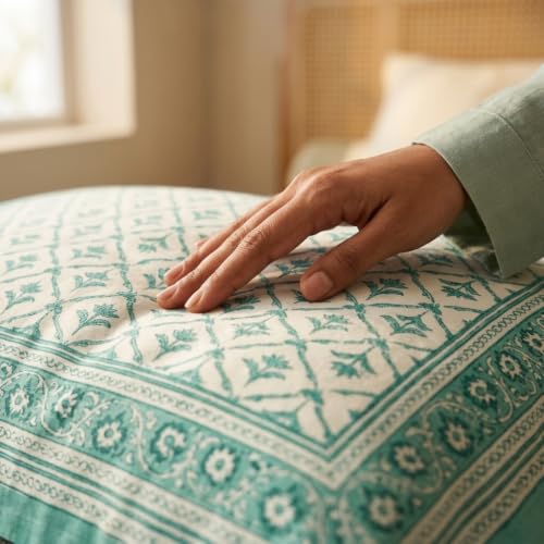Image of Naksh Queen Size Bed Sheet Green Heritage Floral Print 2 Pillow Covers | Green Heritage Floral Print | Rajasthan-Inspired Design for Queen Size Bedrooms