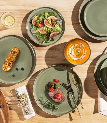 Image of TheTerra Ceramic Dinnerware Sets for 4, 12 Pieces Handmade Reactive Glaze Plates and Bowls Set, Scratch Resistant Dish Set, Oven & Microwave & Dishwasher Safe, Sage Umber | Handmade Reactive Glaze, Scratch Resistant, Oven & Microwave & Dishwasher Safe, Plates and Bowls Set