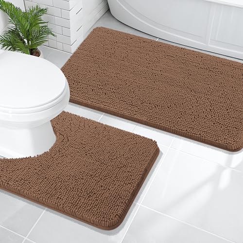 Image of OLANLY Bathroom Rugs Sets 2 Piece, Soft Absorbent Chenille Bath Mats and U-Shaped Contour Toilet Mat Area Rug Set, Machine Washable Bath Carpet, Home Decor Accessories(47 inchx20 inch+24 inchx20 inch, Mocha)