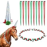 Yeyeplum 14 Pcs Christmas Horse Costume Bling Accessory Floral Spiral Horn 12 Mane and Tail Clip in Hair Extensions Neck Wreath for Real Horse Christmas Party Decor