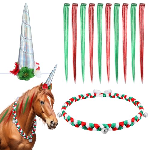 Yeyeplum 14 Pcs Christmas Horse Costume Bling Accessory Floral Spiral Horn 12 Mane and Tail Clip in Hair Extensions Neck Wreath for Real Horse Christmas Party Decor