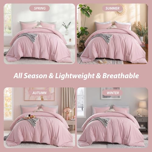 Image of weigelia Super-Soft Micorfiber Comforter Set - King Size Pink Lightweight Warmth Comforter for All Season Use, Machine Washable Pink Bedding Set (1 Comforter, 2 Pillowcases)