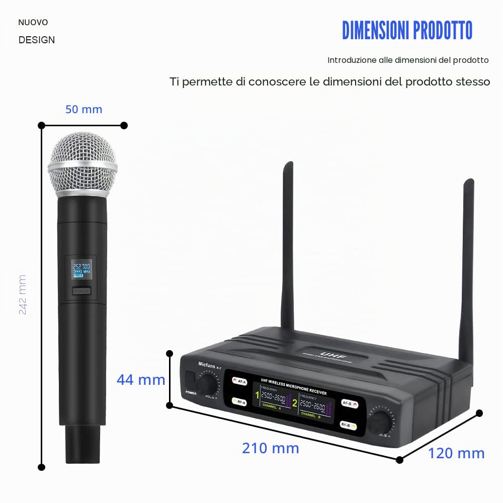 K7 - Kit microfono professionale senza fili 2 portatile VHF 230-250 MHz 100 m per karaoke, feste, lingua