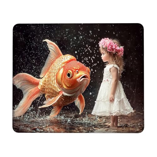 Gaming Mouse Mat, Mouse Pad 240x200x3mm, Non-Slip Rubber Base, Waterproof Surface, Stitched Edges, Compatible with Laser and Optical Mice, Wear-Resistant, Improves Speed Accuracy, Goldfish girl, B-457
