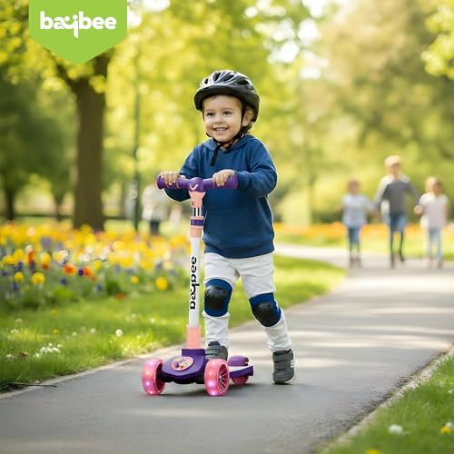 Image of Baybee Kitty Kick Scooter for Kids | Foldable 3 Wheel Kid Scooter with 4 Height Adjustable Handle & Brake | Skate Scooters with LED PU Wheels, Runner Scooters for Kids 3 to 10 Years Boy Girl (Purple)