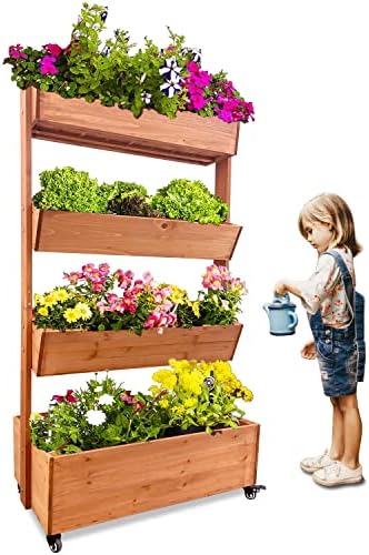 Wooden Vertical Raised Garden Bed,Large 4 Tiers Wood Planter Box Herb Garden with Wheels,for Outdoor Indoor Balcony Gardening Vegetables
