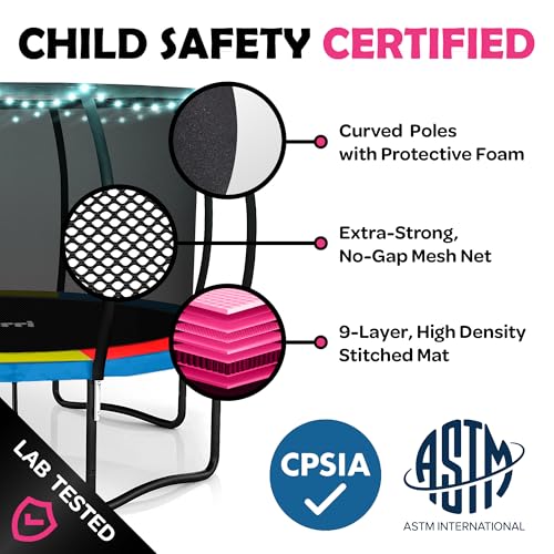 Image of JoyBerri Upsurge Trampoline Outdoor - ASTM Certified Safe 8Ft 10Ft 12Ft 14Ft 15Ft 16Ft Recreational Trampoline for Kids and Adults. Anti-Rust Coating with Enclosure Net, Ladder, Sprinkler & LED Lights