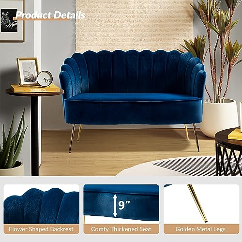 Image of HULALA HOME Modern Velvet Loveseat Sofa with Flower Shaped Back, Comfy Upholstered 2-Seater Sofa with Gold Metal Legs, Small Love Seat Accent Couch for Living Bedroom Leisure Areas, Navy