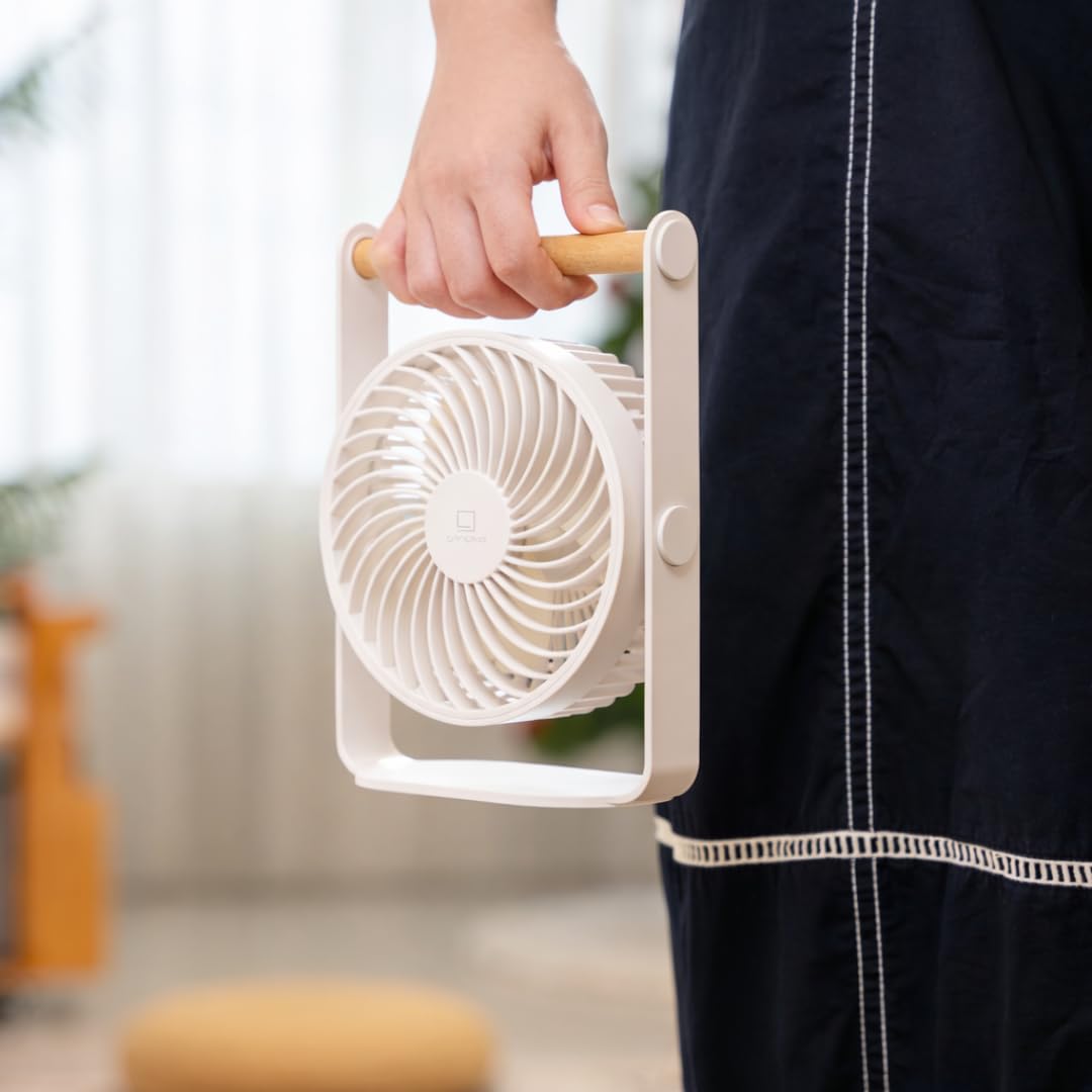 Gingko Lyra - Ventilador portátil - Ventilador de escritorio recargable por USB blanco lunar con mango de madera, ventilador de refrigeración silencioso ajustable de 360°, 3 velocidades + modo de