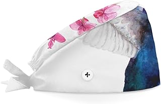Bouffant Scrub Caps Printed Working Surgical Cap Pink Orchids Bird Nurse Hats with Buttons and Sweatband Adjustable Tie Back Hat for Women Men Multi Color
