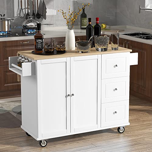 Lumisol Kitchen Island Cart With Wood Top And Drop Leaf, Rolling Mobile Kitchen Island On Wheels Storage Cabinet With Spice Rack And Towel Rack (White) #TOP1