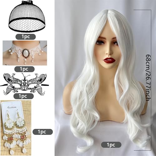 Perruque synthétique blanche de 68 cm avec son filet de maintien