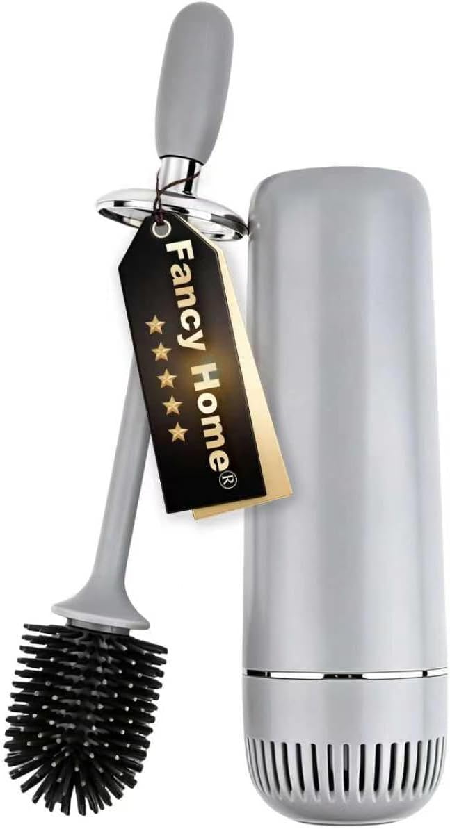 Toilet Brush and Holder Set,Luxury Toilet Brush & Sleek Stand, High-End Modern Silicone Toilet Brush Set, Non-Scratch Hygienic, Odor-Free Design - Easy to Clean (Matte Grey + Silver, B),Father's Day