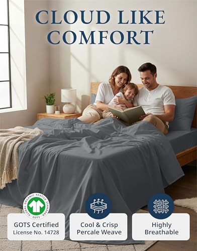 Image of LANE LINEN 100% Organic Cotton 3Pc Bed Sheets Twin Size, Classic Percale Weave, Soft & Comfy Fully Elasticized Naturally Cooling Cotton Sheets, Low Pill Machine wash Twin Sheet Set- Charcoal