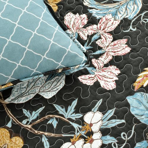 Image of Lush Decor Sydney Reversible Cotton Quilt Set, 3 Piece Set, Full / Queen, Black & Blue - Cotton Bedding Set - Black Floral Quilt - Cottage Decor - Bedding Queen Size