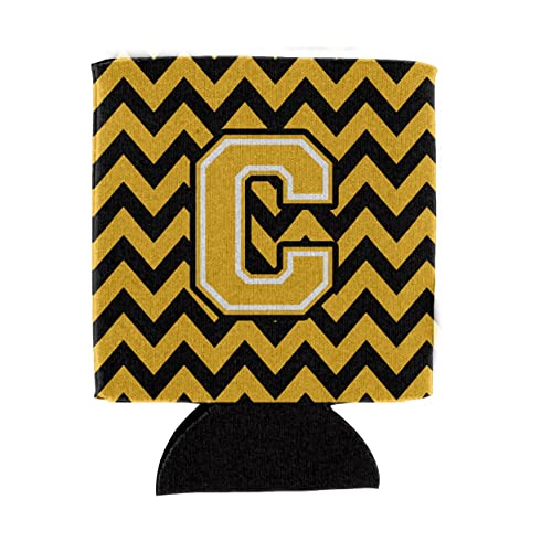 Caroline's Treasures CJ1053-CCC Letter C Chevron Black and Gold Can or Bottle Hugger Cooler Washable Drink Sleeve Collapsible Beverage Insulated Holder, Can Hugger, Multicolor