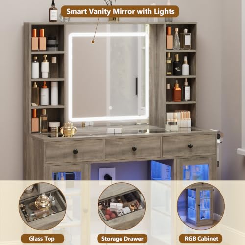 Image of Grey Vanity Desk with Mirror and Lights, Glass Top Vanity with Lighted Mirror & RGB Cabinet and 3 Drawers, Dressing Table with 8 Shelves, Makeup Desk with Lights for Girls Bedroom, 3 Color Modes