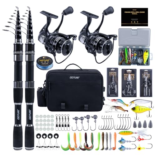 Goture Angelset mit 2 Teleskop-Angelruten, 2,4m Angelrute Set Komplett 2 5.2:1 Spinnrolle (9+1 Bearing), Schnur, Köderbox & Tragetasche – für Salz-/Süßwasser, Reisen–Angelgeschenk Goture Angelset mit 2 Teleskop-Angelruten, 2,4m Angelrute Set Komplett 2 5.2:1 Spinnrolle (9+1 Bearing), Schnur, Köderbox & Tragetasche – für Salz-/Süßwasser, Reisen–Angelgeschenk