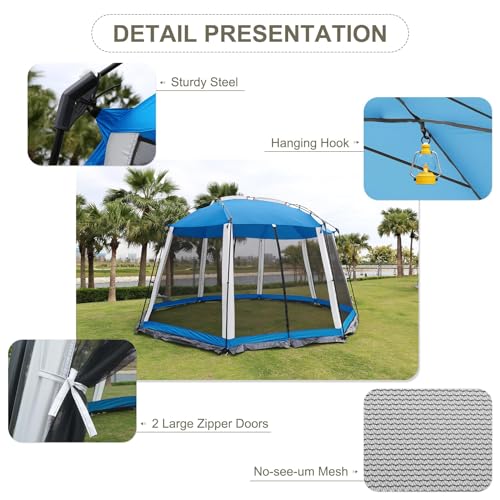 Screen-House-13x13-Feet-Octagonal-Mesh-Canopy-Camping-Gazebo-Shelter-Tent-for-8-10-People-Outdoor-Party-Activities-Blue