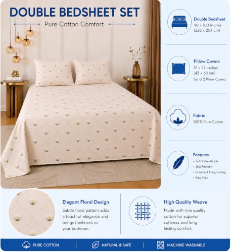 Image of RRC Double Bedsheet 90 x 100 Inches with Pillow Cover, Printed Floral Bed Sheet for Double Bed, Bedroom Home Decor Bedding, Comfortable and Stylish Bedsheet, Pillow Cover Size 17 x 27 Inches