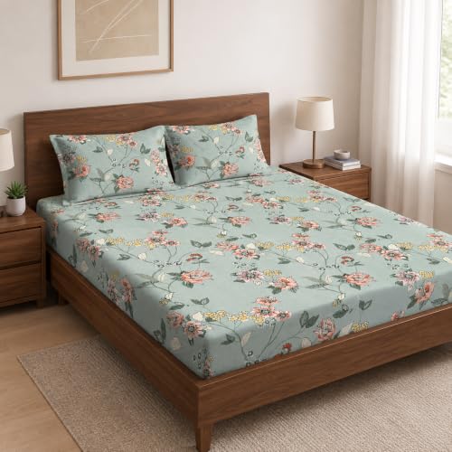 Image of la'amour 100% Cotton Elastic Fitted Bedsheets with 2 King Size Pillow Covers Double Bed with All Around Elastic Supersoft Size - 72 King Sizex78+10 inches Sage Green Floral 200 tc - 220 tc