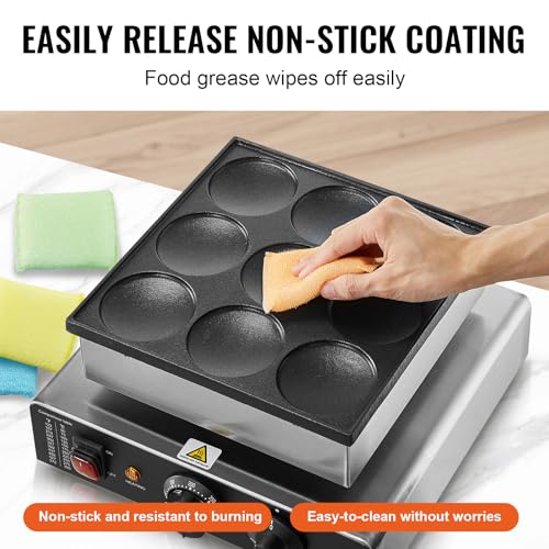 Image of VEVOR Dutch Pancake Maker, 9PCS 76mm Diameter Dorayaki Baker Machine, 850W Commercial Electric Poffertjes Grill, Non-stick Stainless Steel, Temp & Time Control, for Home Kitchen Restaurant Snack Bar
