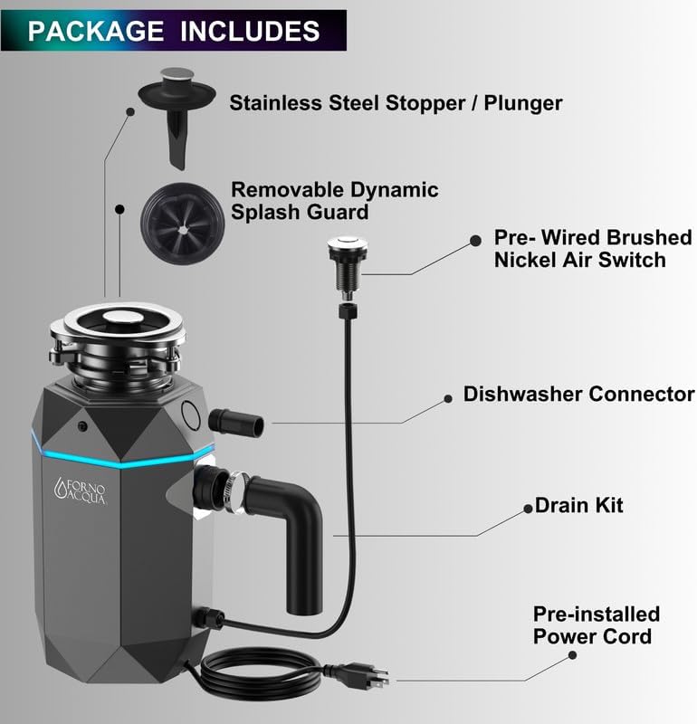 FORNO ACQUA BrightDIAMOND Black Onyx 1HP Garbage Disposal, Super Quiet Waste Disposer with Motion Sensor Cabinet Light, Pre-Wired Air Switch, Stainless Steel Chamber, Continuous Feed