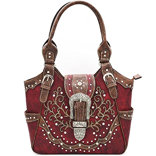 Western Style Tooled Leather Buckle Concealed Carry Purse Country Handbag Women Shoulder Bag Wallet Set2