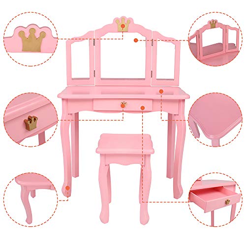 Image of Vanity Set,ShyneeMakeup Dressing Vanity Set Wooden Princess Makeup Table with Cushioned Stool,Drawer,Wooden Legs and Mirror, Make Up Dressing Play Set for Girls (Pink Crown)
