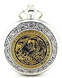 Infinite U Hollow Skeleton Dragon/Phoenix Pendant Unisex Necklace Steel Mechanical Pocket Watch -Sil