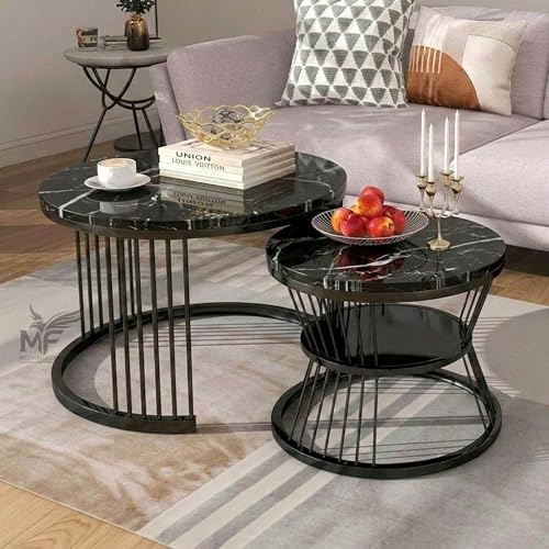 Image of MELVON Lightweight Nesting Coffee Table Set of 2, Full Black Metal Frame with Black Marble Look Top, Round Center & Side Tables for Living Room