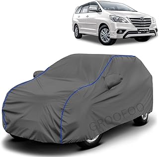 GROOFOO Water Resistant Car Body Cover with Mirror Pockets Compatible with Toyota Innova | Triple Stitch Blue Piping Car C...