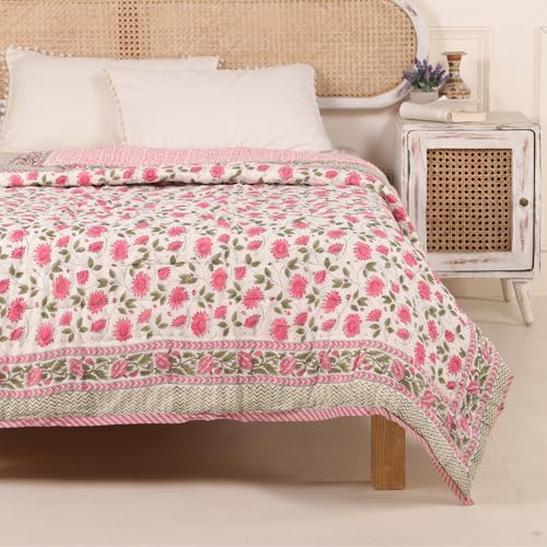 Peepul Tree Single Bed Cotton Malmal Quilt/Dohar | Hand Block Jaipuri Razai | Beautiful Floral Soft, Breathable & Reversible AC Blanket | Made in India (Floral Pink, 60x90 inches)