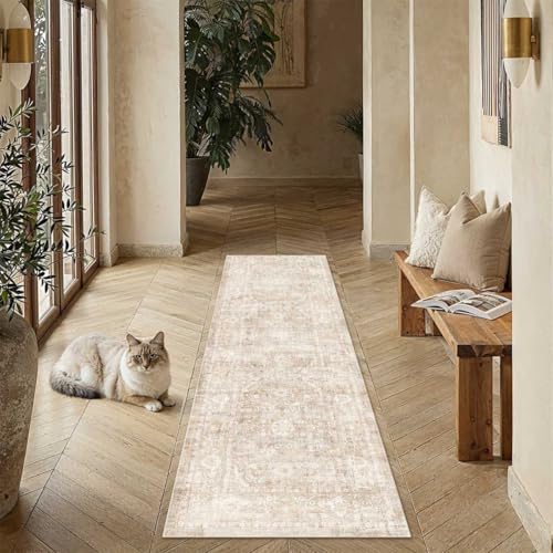 2x12 Beige Washable Runner Rug for Kitchen Hallway Neutral Soft Non Slip Rug Low Pile Vintage Distressed Carpet for Bathroom Bedroom Indoor Nursery 2' x 12' (Runner) Neutral | Beige