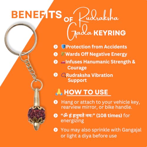 Image of Brass Gada Keyring with Rudraksh /Hanumanji Mace - Lord Hanuman Inspired Key Chain for Car, Bike & Home - Spiritual Religious Gift Accessory