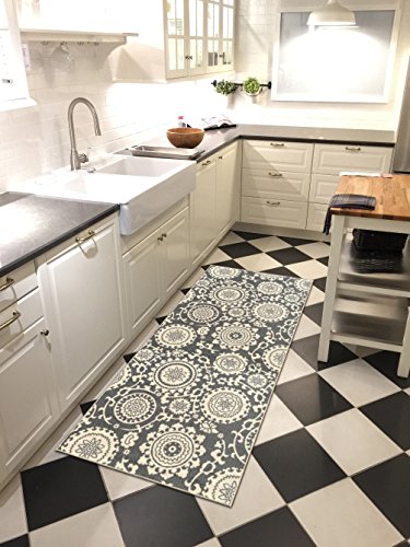 Rubber Backed 2'8" x 10' Floral Swirl Medallion Grey & Ivory Long Runner Non-Slip Rug - Rana Collection Kitchen Dining Living Hallway Bathroom Pet Entry Rugs RAN2033-310